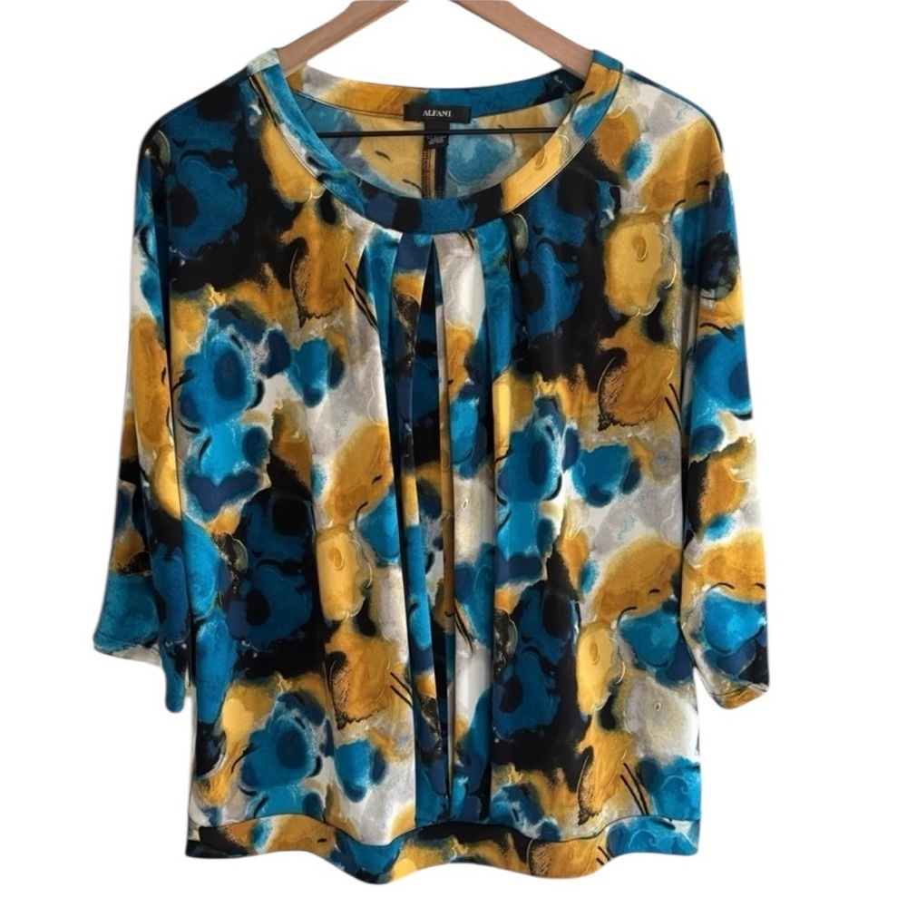 Alfani Abstract Floral Blouse Large 3/4 Sleeves Stretch Office Workwear